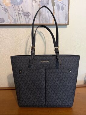 Michael Kors Jet Set Travel Bag MK Logo Double Pocket Tote with Gold Hardware